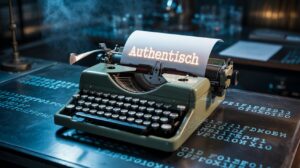 Eine Schreibmaschine in einem digitalen Labor, auf der das Wort Authentic in goldenem Licht leuchtet, während Code auf die Tasten projiziert wird.