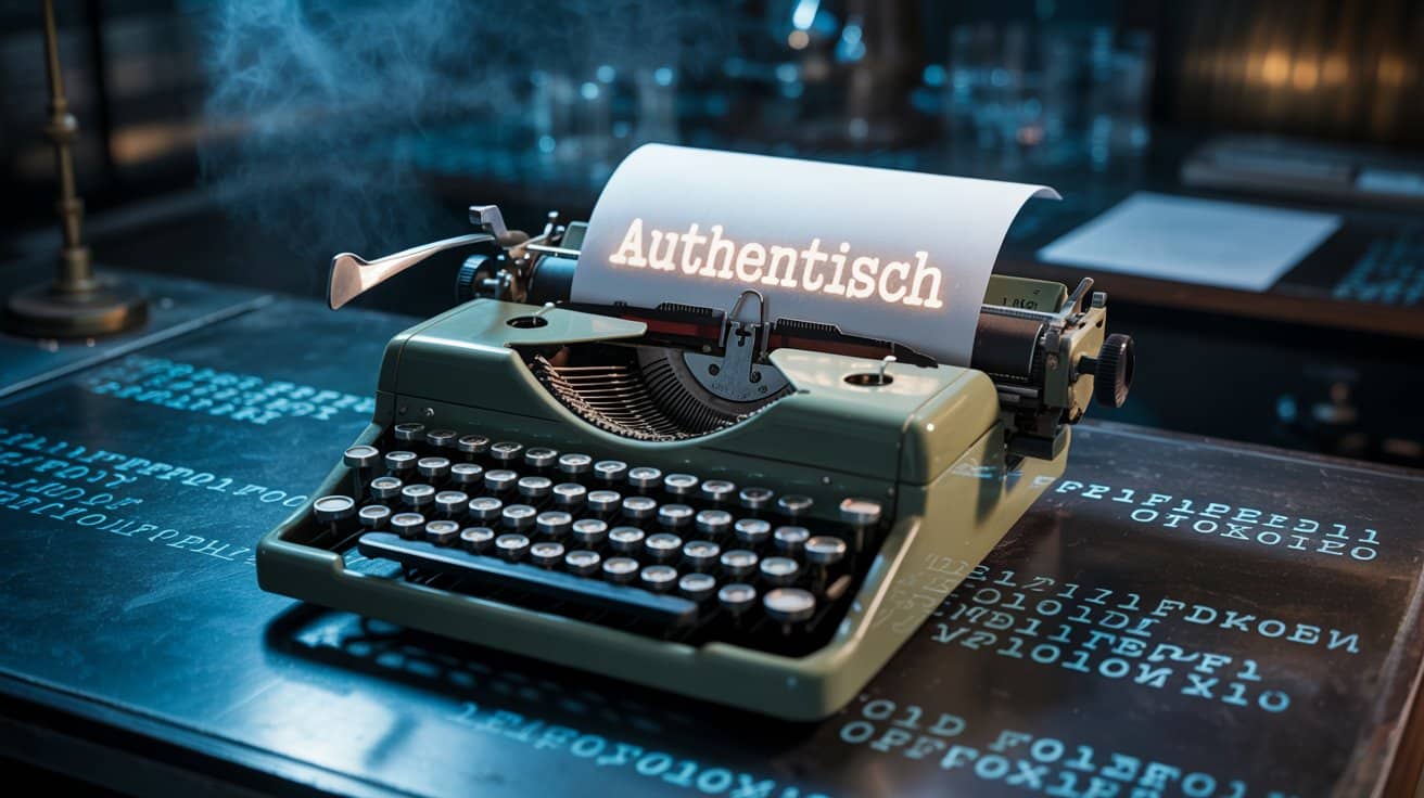 Eine Schreibmaschine in einem digitalen Labor, auf der das Wort Authentic in goldenem Licht leuchtet, während Code auf die Tasten projiziert wird.