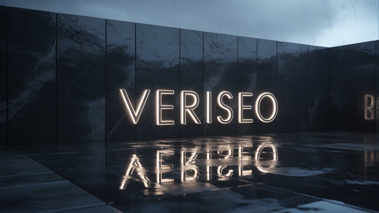 Minimalistische Steingravur des Namens Veriseo in moderner Architektur bei Nacht.