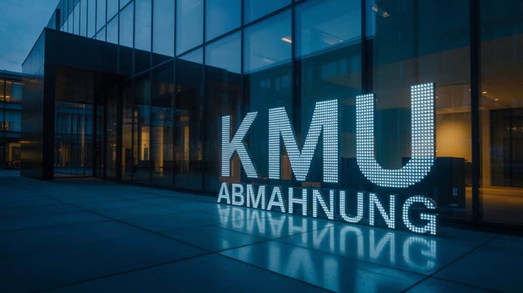 Spiegelung des Wortes KMU Abmahnung in einer modernen Glasfassade eines Bürogebäudes bei Dämmerung.