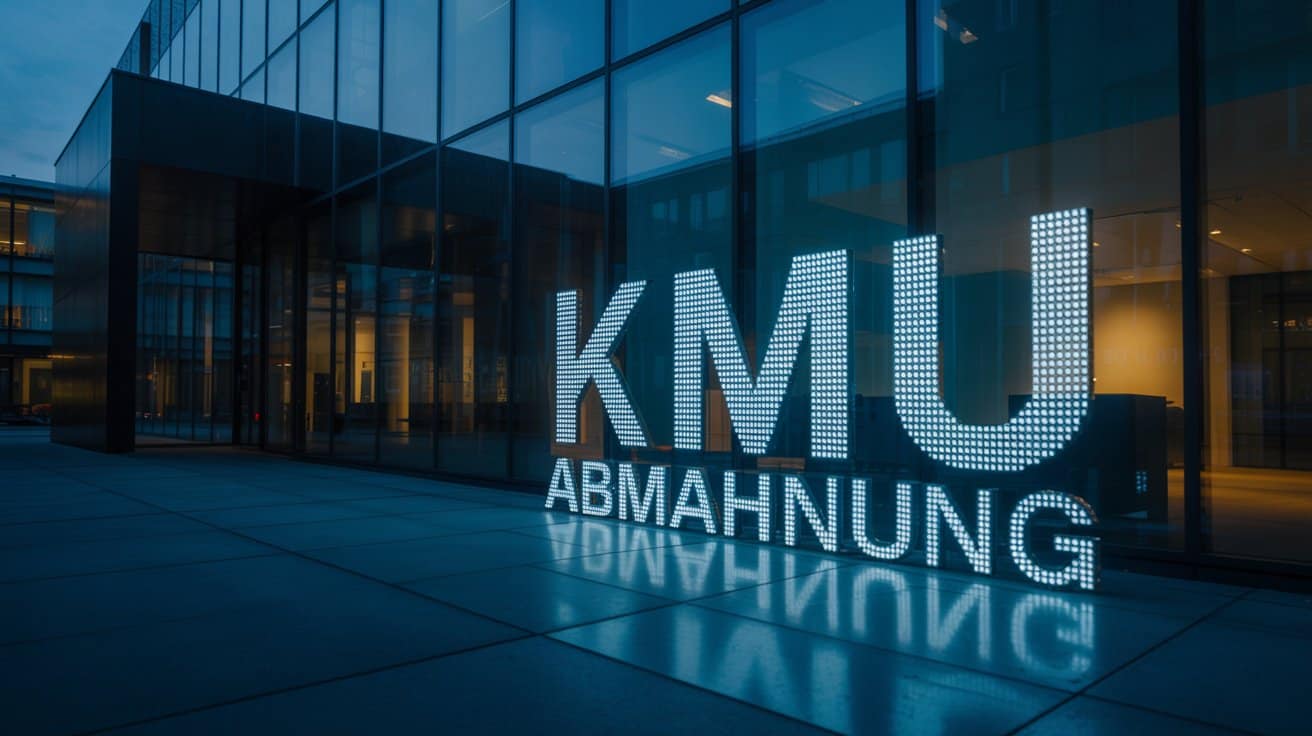 Spiegelung des Wortes KMU Abmahnung in einer modernen Glasfassade eines Bürogebäudes bei Dämmerung.