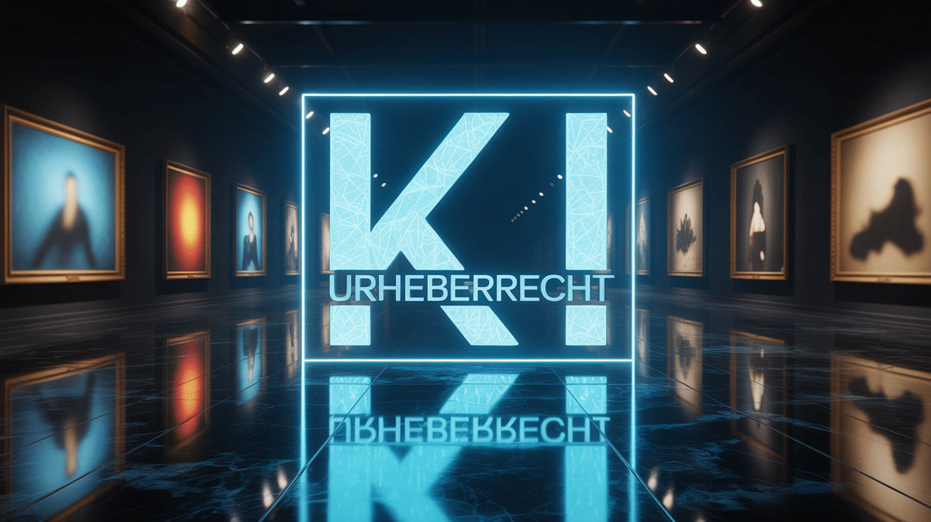 Holographische Anzeige des Begriffs KI Urheberrecht in einer modernen Kunstgalerie.