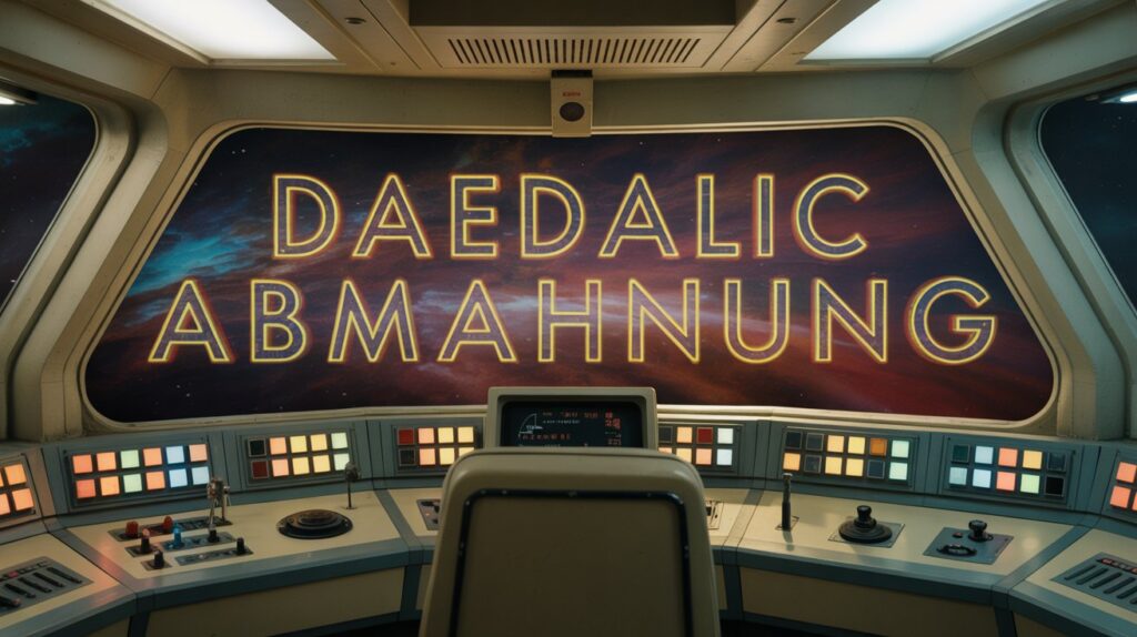 Blick auf eine Raumschiff-Brücke im 70er-Jahre-Retro-Stil mit bunten Knöpfen, während auf dem Hauptbildschirm im Weltall der glühende Schriftzug DAEDALIC ABMAHNUNG erscheint.