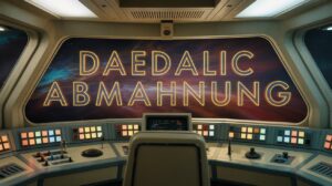 Blick auf eine Raumschiff-Brücke im 70er-Jahre-Retro-Stil mit bunten Knöpfen, während auf dem Hauptbildschirm im Weltall der glühende Schriftzug DAEDALIC ABMAHNUNG erscheint.