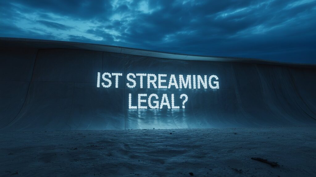 Das Hauptkeyword Ist Streaming legal als leuchtende Neon-Schrift an einer modernen Gebäudewand in einer regnerischen Nacht.