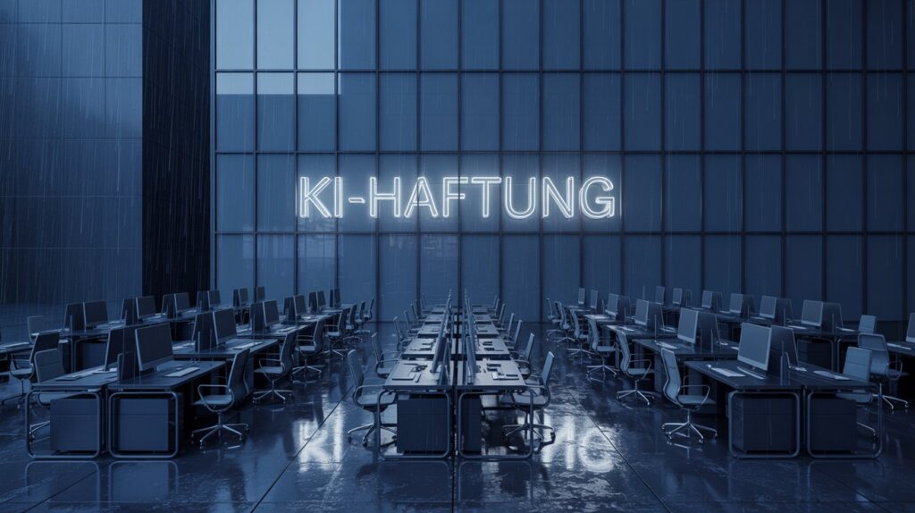 Filmische nächtliche Szene eines modernen Bürogebäudes im Regen mit einer subtilen Neon-Projektion des Wortes KI-Haftung auf der Glasfassade.