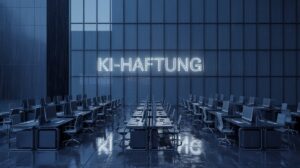 Filmische nächtliche Szene eines modernen Bürogebäudes im Regen mit einer subtilen Neon-Projektion des Wortes KI-Haftung auf der Glasfassade.