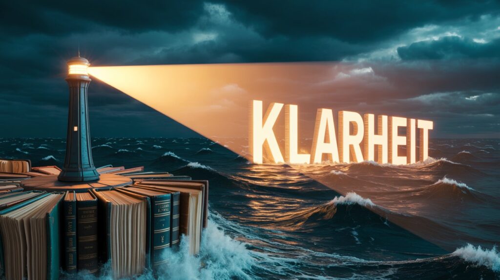 Ein Leuchtturm auf einer Klippe aus Büchern projiziert das Wort Klarheit auf ein stürmisches Meer.