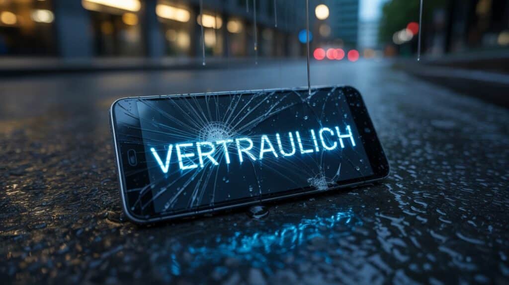 Ein zerbrochenes Smartphone auf einer regnerischen Straße zeigt das Wort Vertraulich.