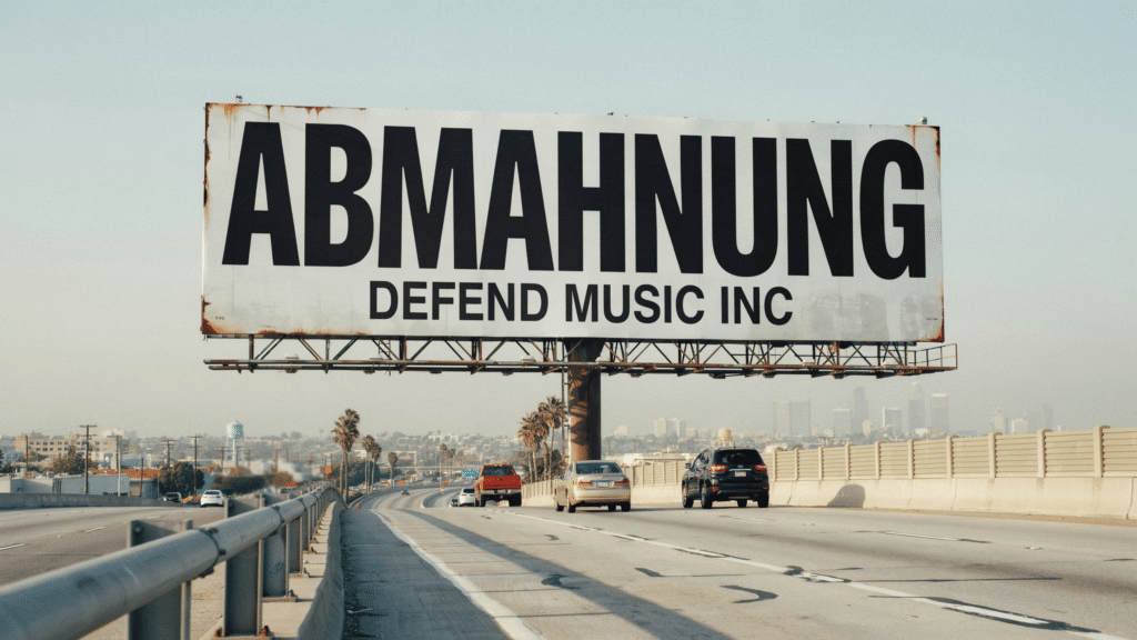 Schrift Abmahnung Defend Music auf einem autobahnschild