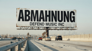 Schrift Abmahnung Defend Music auf einem autobahnschild
