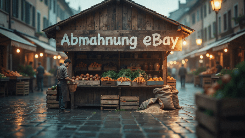 Schriftzug Abmahnung eBay an einem Marktstand