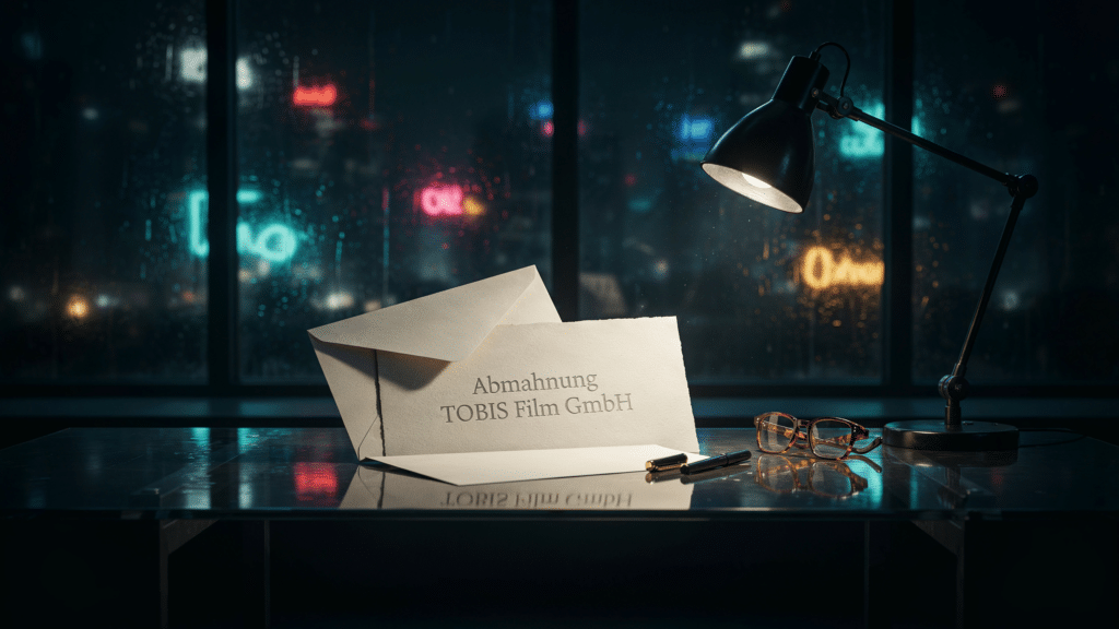 Ein geöffneter Briefumschlag mit dem dezent lesbaren Wort Abmahnung auf einem dunklen Schreibtisch vor einem verregneten Fenster bei Nacht.