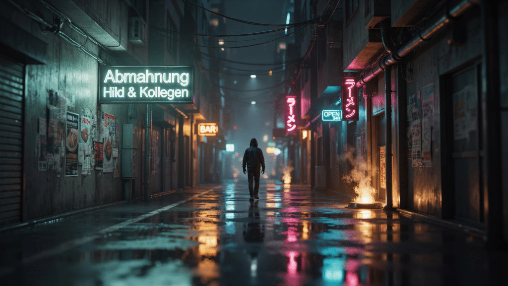 Moderne Glasfassade eines Gebäudes in einer regnerischen Stadt bei Dämmerung mit dem Neonschriftzug Instagram Musik Abmahnung.