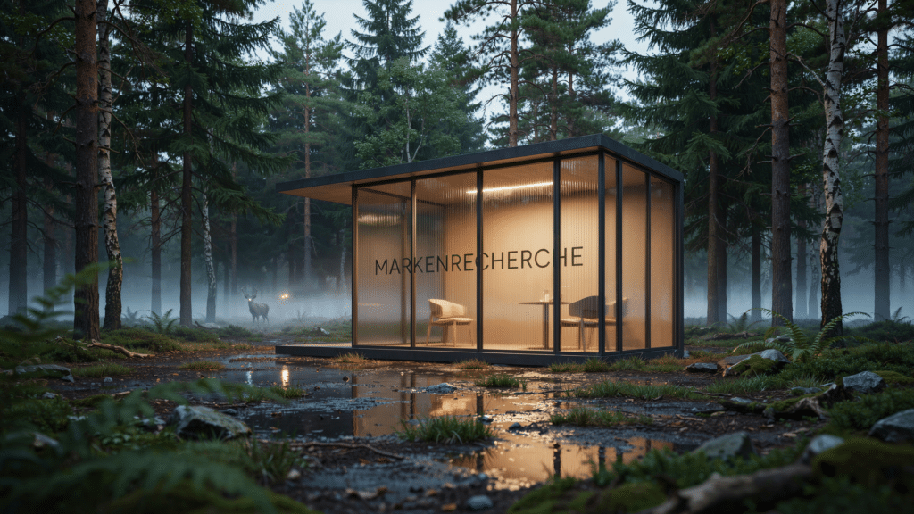 Ein moderner, beleuchteter Glaspavillon im nebligen Wald mit der Aufschrift Markenrecherche, der Sicherheit im Markenrecht symbolisiert.