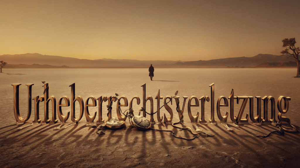 Das schmelzende und von Wurzeln überwucherte Wort Urheberrechtsverletzung im surrealistischen Stil Salvador Dalis.