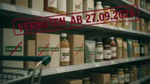 Supermarktregal mit Produkten, deren grüne Etiketten „KLIMANEUTRAL“ rot durchgestrichen sind, darüber ein Stempel „VERBOTEN AB 27.09.2026“ – Symbolbild zum Greenwashing-Verbot