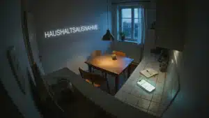 Dunkle Wohnküche aus der Perspektive einer Überwachungskamera, an der Wand der projizierte Schriftzug „Haushaltsausnahme“, auf der Arbeitsplatte ein leuchtendes Smartphone mit offenem Chatverlauf