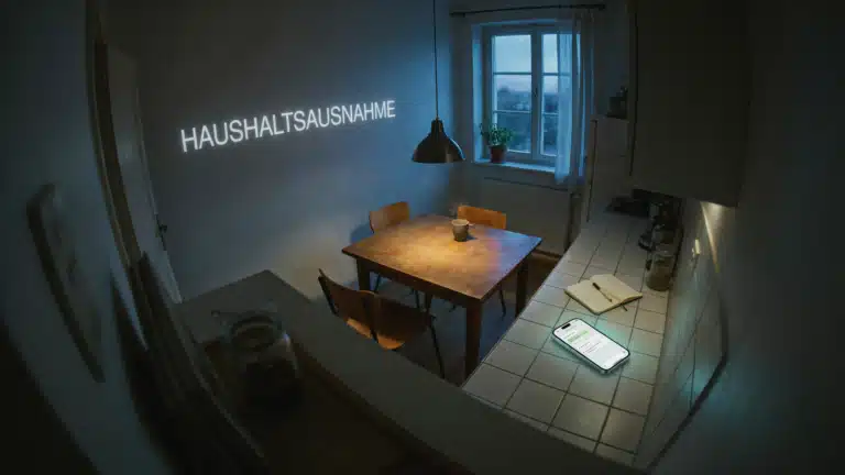 Dunkle Wohnküche aus der Perspektive einer Überwachungskamera, an der Wand der projizierte Schriftzug „Haushaltsausnahme“, auf der Arbeitsplatte ein leuchtendes Smartphone mit offenem Chatverlauf