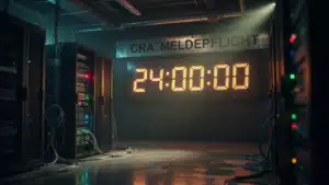 Dunkler Serverraum mit Server-Racks, großer Digitalanzeige „24:00:00“ und Schild „CRA MELDEPFLICHT“ – Symbolbild zur 24-Stunden-Meldepflicht nach dem Cyber Resilience Act