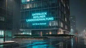 Glasfassade eines Berliner Verwaltungsgebäudes bei Nacht mit projiziertem Schriftzug „Datenleck Berliner Landesverwaltung“