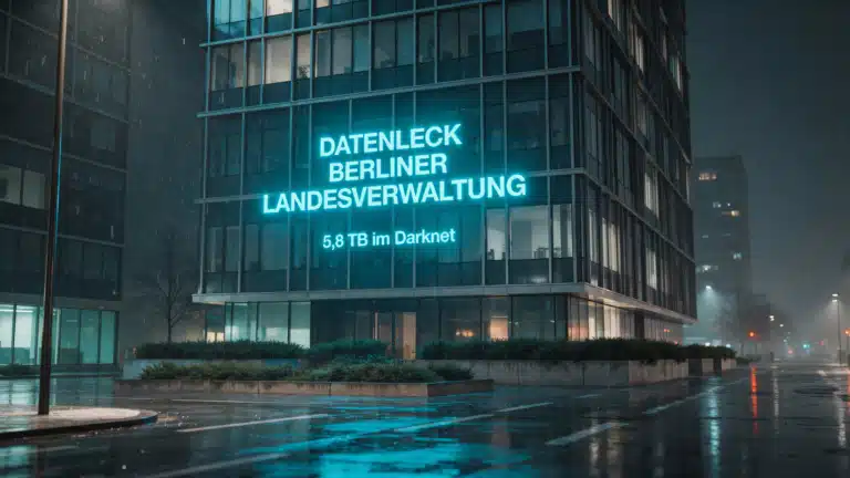Glasfassade eines Berliner Verwaltungsgebäudes bei Nacht mit projiziertem Schriftzug „Datenleck Berliner Landesverwaltung“