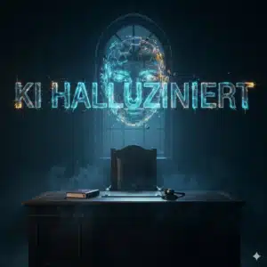 Fraktiertes holografisches KI-Gesicht mit Schriftzug "KI halluziniert" - Symbolbild