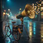 Ein riesiges vintage Megaphon auf einer regennassen Nachtstraße bläst goldene Münzen und Quittungen aus, daneben ein Lieferfahrrad mit Kuriertasche und Anhänger "TRINKGELD" – Titelbild zur Podcast-Folge über das Lieferando-Trinkgeld-Urteil