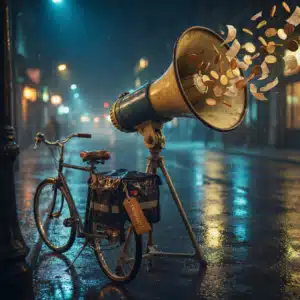 Ein riesiges vintage Megaphon auf einer regennassen Nachtstraße bläst goldene Münzen und Quittungen aus, daneben ein Lieferfahrrad mit Kuriertasche und Anhänger "TRINKGELD" – Titelbild zur Podcast-Folge über das Lieferando-Trinkgeld-Urteil