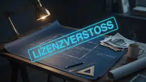 Bauplan mit Stempel "Lizenzverstoss" auf Zeichenbrett - Symbolbild fuer Bildrechte-Abmahnung
