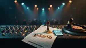 DJ-Pult im Club, darauf eine Rechnung über 95.750 Euro mit goldenem Stempel „Abgewiesen", daneben Richterhammer und Smartphone mit Timer 0:14 – Symbolbild zum Urteil des LG Frankfurt zur Lizenzanalogie bei Musik in TikTok-Videos