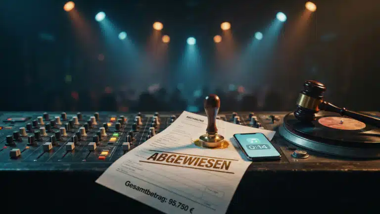 DJ-Pult im Club, darauf eine Rechnung über 95.750 Euro mit goldenem Stempel „Abgewiesen", daneben Richterhammer und Smartphone mit Timer 0:14 – Symbolbild zum Urteil des LG Frankfurt zur Lizenzanalogie bei Musik in TikTok-Videos