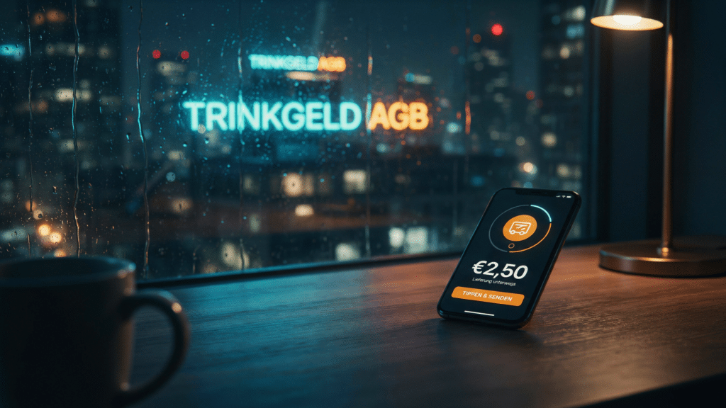 Neon-Schriftzug Trinkgeld AGB spiegelt sich in einer verregneten Fensterscheibe vor einem modernen Büro.