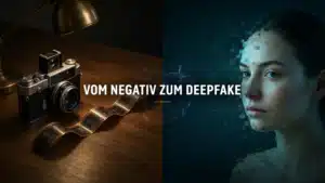 Analoge Kamera mit Filmnegativ und ein sich in Pixel auflösendes Gesicht – Titelbild zum Vortrag „Vom analogen Negativ zum digitalen Deepfake“ von Rechtsanwalt Christian Kramarz beim Fotoclub Darmstadt e.V.