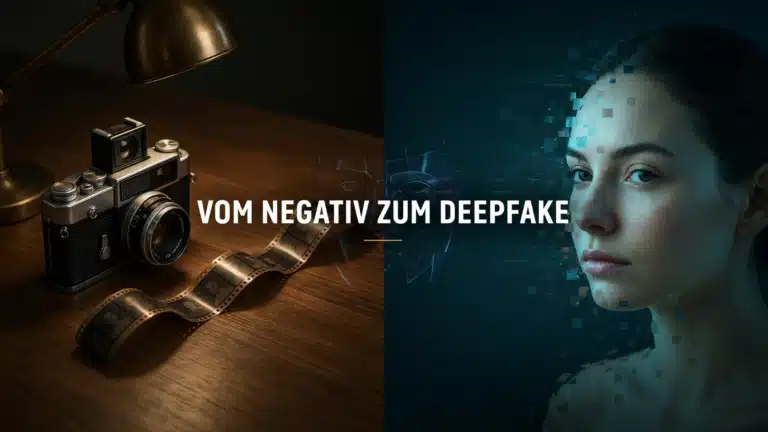 Analoge Kamera mit Filmnegativ und ein sich in Pixel auflösendes Gesicht – Titelbild zum Vortrag „Vom analogen Negativ zum digitalen Deepfake“ von Rechtsanwalt Christian Kramarz beim Fotoclub Darmstadt e.V.
