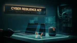 Prüflabor mit Laptop, Smartphone und Smart Speaker auf einem beleuchteten Testtisch, darüber das Schild „Cyber Resilience Act – Security by Design“