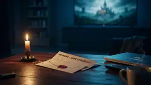 Abmahnschreiben mit rotem Siegel und der Aufschrift „Abmahnung – Serie getauscht“ auf einem Couchtisch vor einem Fernseher mit Fantasy-Burg