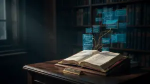 Aufgeschlagenes Formularhandbuch auf einem Lesepult, aus dem holografische Auswahlfelder und Vertragsbausteine aufsteigen, davor ein Messingschild mit der Aufschrift § 2 RDG (KI-generiertes Symbolbild)
