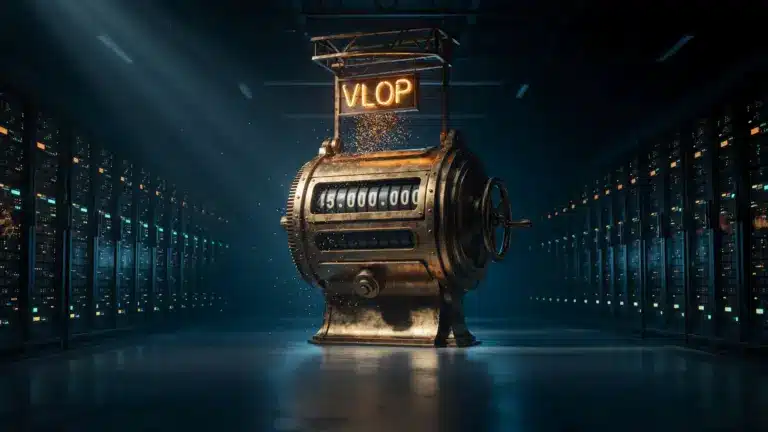Überdimensionaler Zählautomat aus Messing mit Leuchtschrift „VLOP“ in einem Rechenzentrum – Symbolbild zur Nutzerzählung sehr großer Online-Plattformen nach dem DSA (KI-generiert)