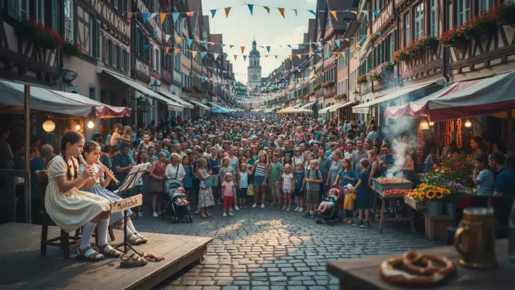 Zwei Schülerinnen mit Zöpfen spielen Blockflöte auf einer kleinen Bühne mit dem Schild „Musikschule“ am Rand eines großen, dicht besuchten Stadtfests (KI-generiertes Symbolbild)