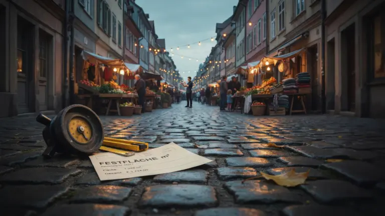 Altstadtstraße mit Marktständen und Lichterketten, im Vordergrund ein Messrad, ein Zollstock und ein Blatt mit der Überschrift „Festfläche m²“ – Symbolbild zur GEMA-Flächenberechnung bei Straßenfesten (KI-generiert)