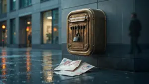 Verschlossener Messing-Briefkasten mit der Aufschrift „Impressum“ an einer Hausfassade, davor zurückgewiesene Briefe – Symbolbild für eine nicht erreichbare Impressums-E-Mail-Adresse (KI-generiert)