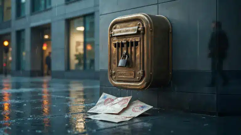 Verschlossener Messing-Briefkasten mit der Aufschrift „Impressum“ an einer Hausfassade, davor zurückgewiesene Briefe – Symbolbild für eine nicht erreichbare Impressums-E-Mail-Adresse (KI-generiert)