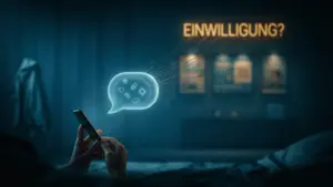 Hand mit Smartphone im dunklen Zimmer, aus dem Bildschirm steigt eine leuchtende Chat-Sprechblase zu Werbetafeln auf, darüber Leuchtschrift „EINWILLIGUNG?“ – Symbolbild zu KI-Chatbot-Daten und Werbung (KI-generiert)