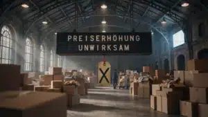 KI-generiertes Titelbild: Paketverteilzentrum in einer historischen Bahnhofshalle, darüber eine Fallblattanzeige mit der Aufschrift „Preiserhöhung unwirksam“ und ein durchgestrichenes Preisschild