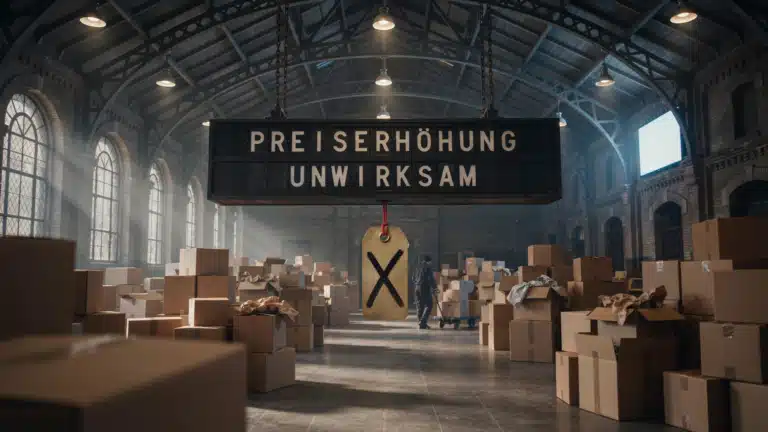 KI-generiertes Titelbild: Paketverteilzentrum in einer historischen Bahnhofshalle, darüber eine Fallblattanzeige mit der Aufschrift „Preiserhöhung unwirksam“ und ein durchgestrichenes Preisschild
